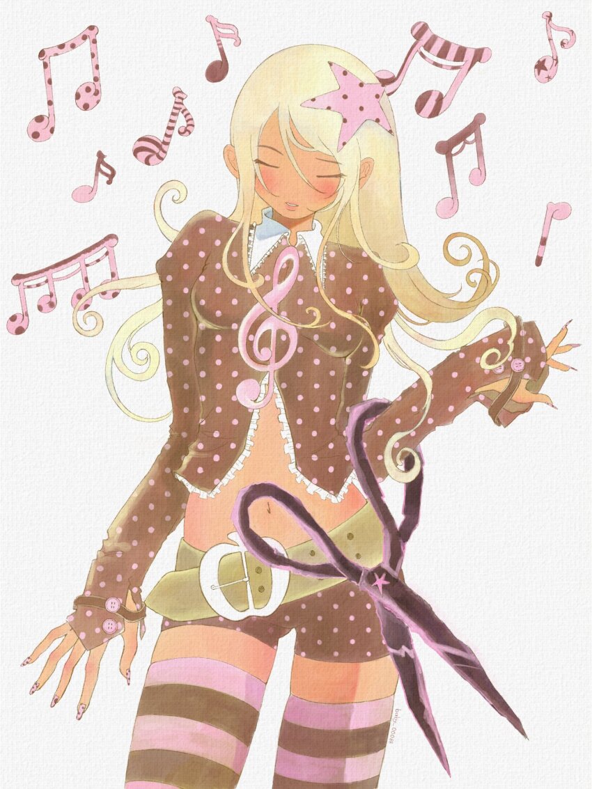 1girl, ?, aiyuni, beamed_eighth_notes, beamed_sixteenth_notes, blonde_hair, closed_eyes, dark_skin, eighth_note, guitar, halftone, halftone_background, highres, instrument, long_hair, multicolored_thighhighs, music, musical_note, nail_polish, original, polka_dot, polka_dot_background, polka_dot_legwear, quarter_note, singing, solo, spoken_musical_note, thighhighs, treble_clef, two-tone_thighhighs