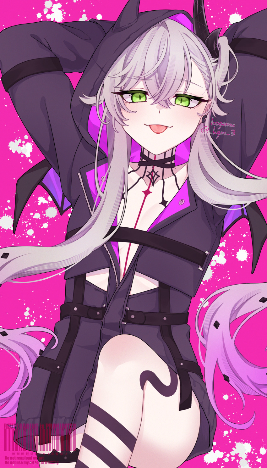 1girl, absurdres, arms_up, black_hands, black_jacket, blush, body_markings, breasts