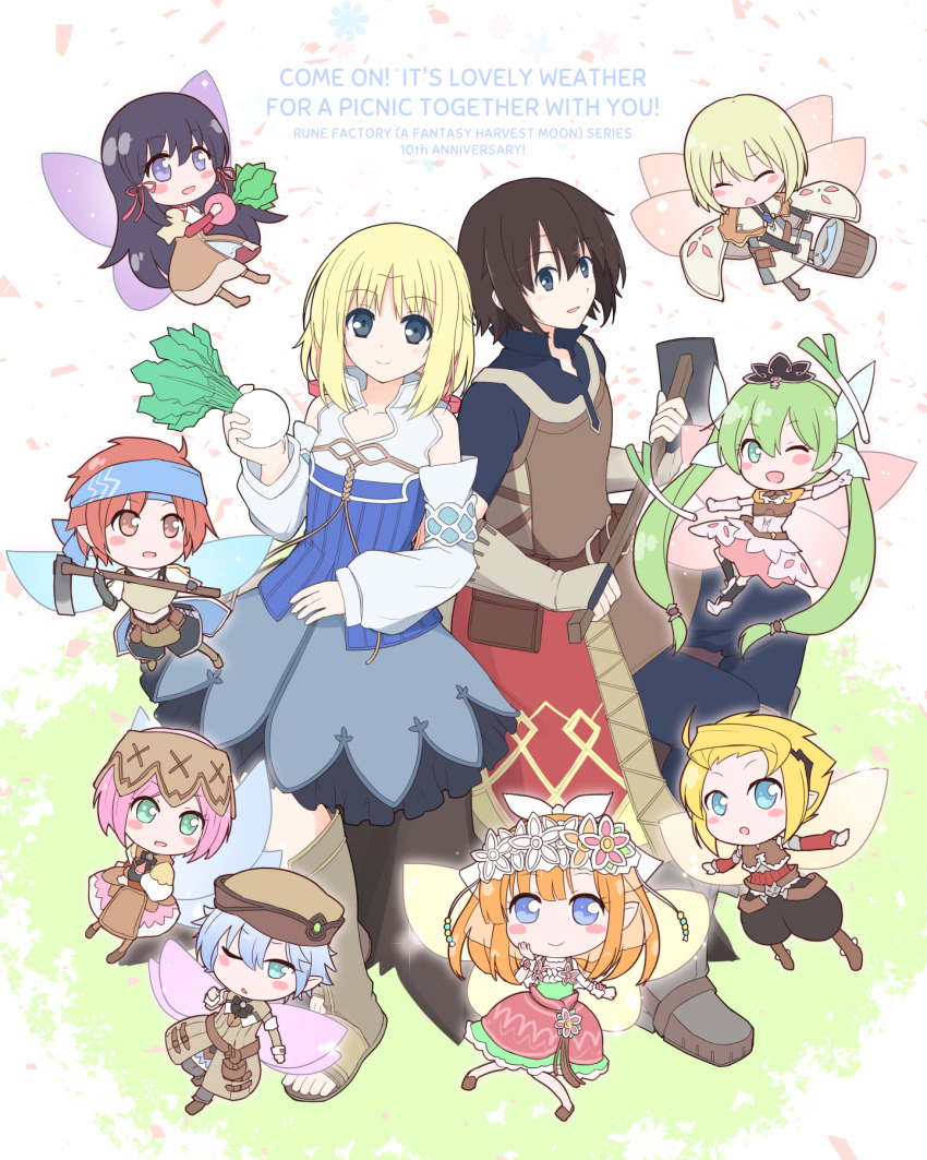 5boys, 5girls, ;d, ^_^, anniversary, black_hair, blonde_hair, blue_dress