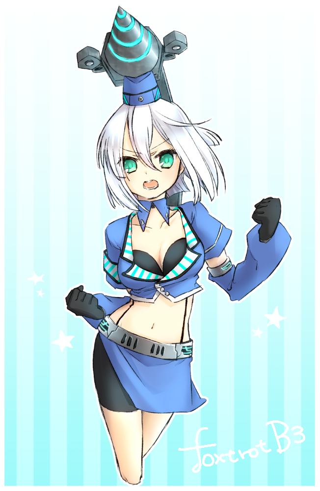 1girl, bike_shorts, black_bra, black_gloves, blue_background, blue_hat, blue_jacket, blue_skirt, blue_sleeves, bra, breasts, character_name, cleavage, detached_sleeves, drill, emil_chronicle_online, foxtrot_b3_alma, gloves, green_eyes, hat, jacket, k_forest, large_breasts, navel, open_mouth, skirt, solo, striped_background, underwear, v-shaped_eyebrows, white_hair