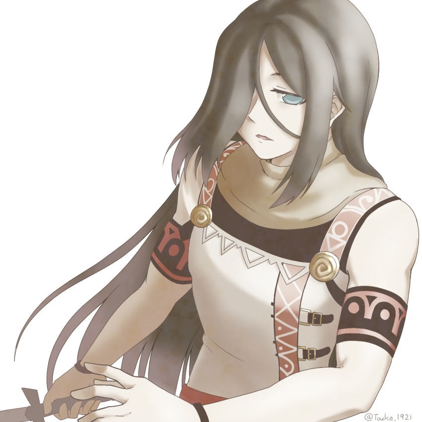 1boy, armband, artist_name, bare_shoulders, blue_eyes, brown_hair, hair_over_one_eye, highres, kross_(rune_factory), long_hair, male_focus, parted_lips, rune_factory, rune_factory_frontier, solo, straight_hair, touka_1921, white_background