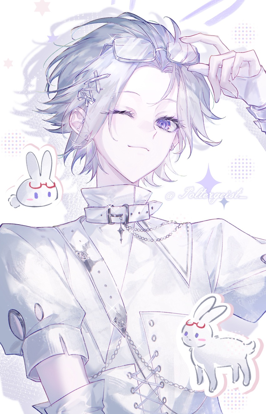 1boy, absurdres, adjusting_eyewear, alternate_costume, animalization, aotsuki_eito, arm_up, bow