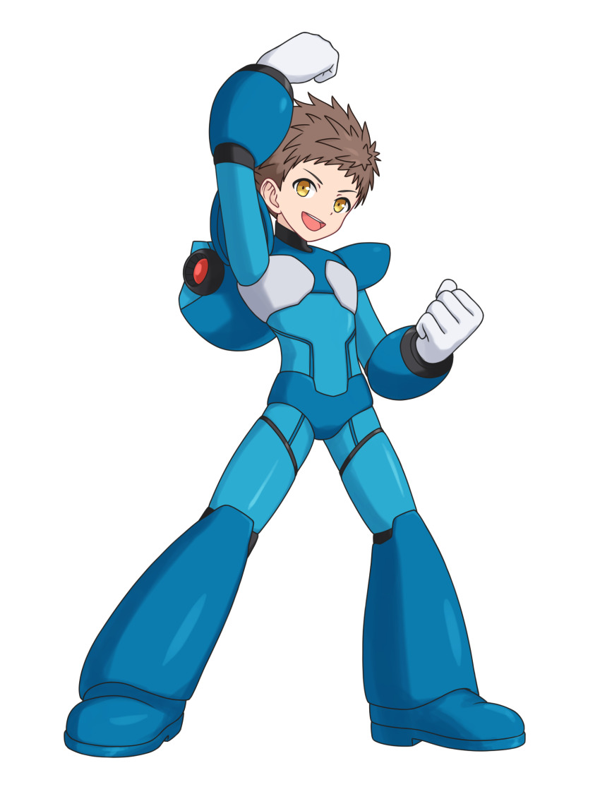 1boy, arm_up, armor, blue_armor, blue_helmet, brown_hair, clenched_hands, commentary