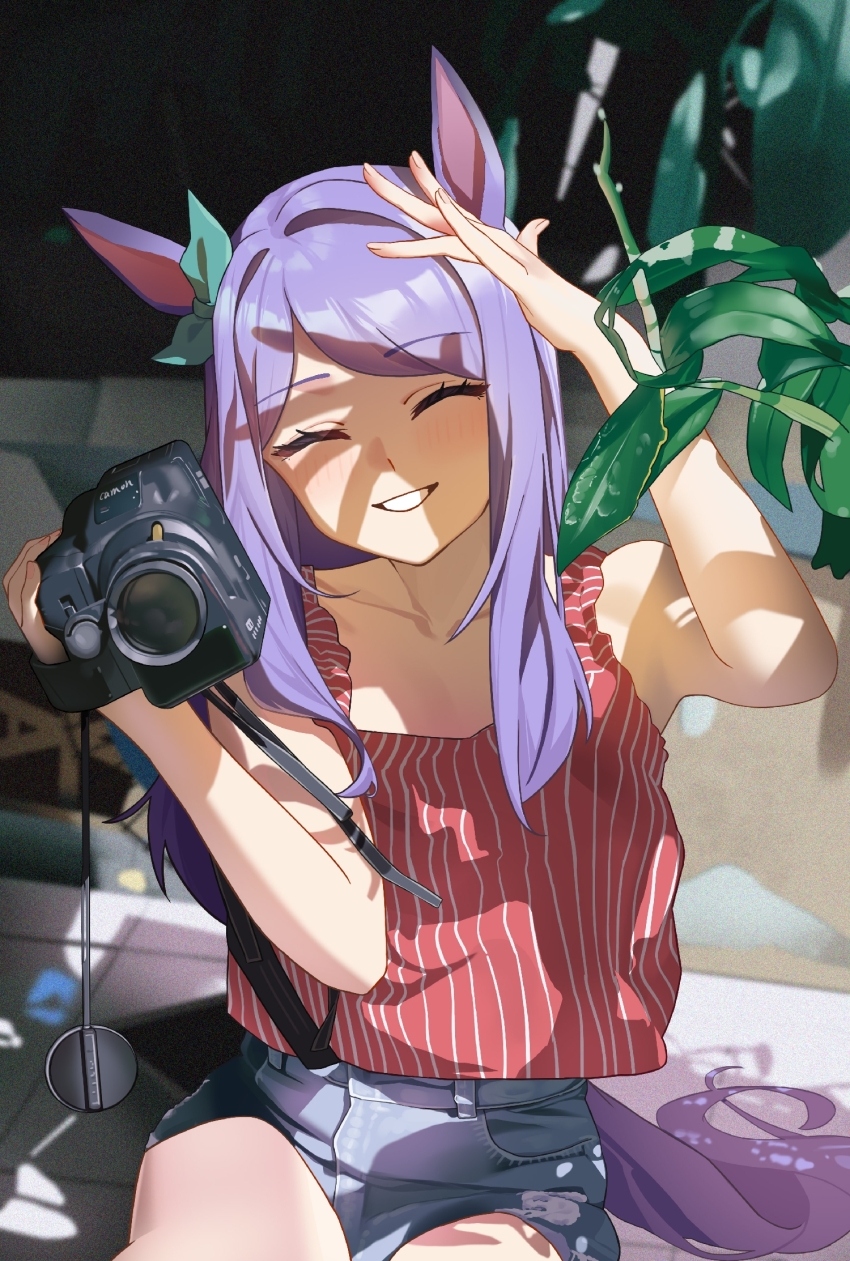 1girl, animal_ears, camera, closed_eyes, collarbone, facing_viewer, highres, holding