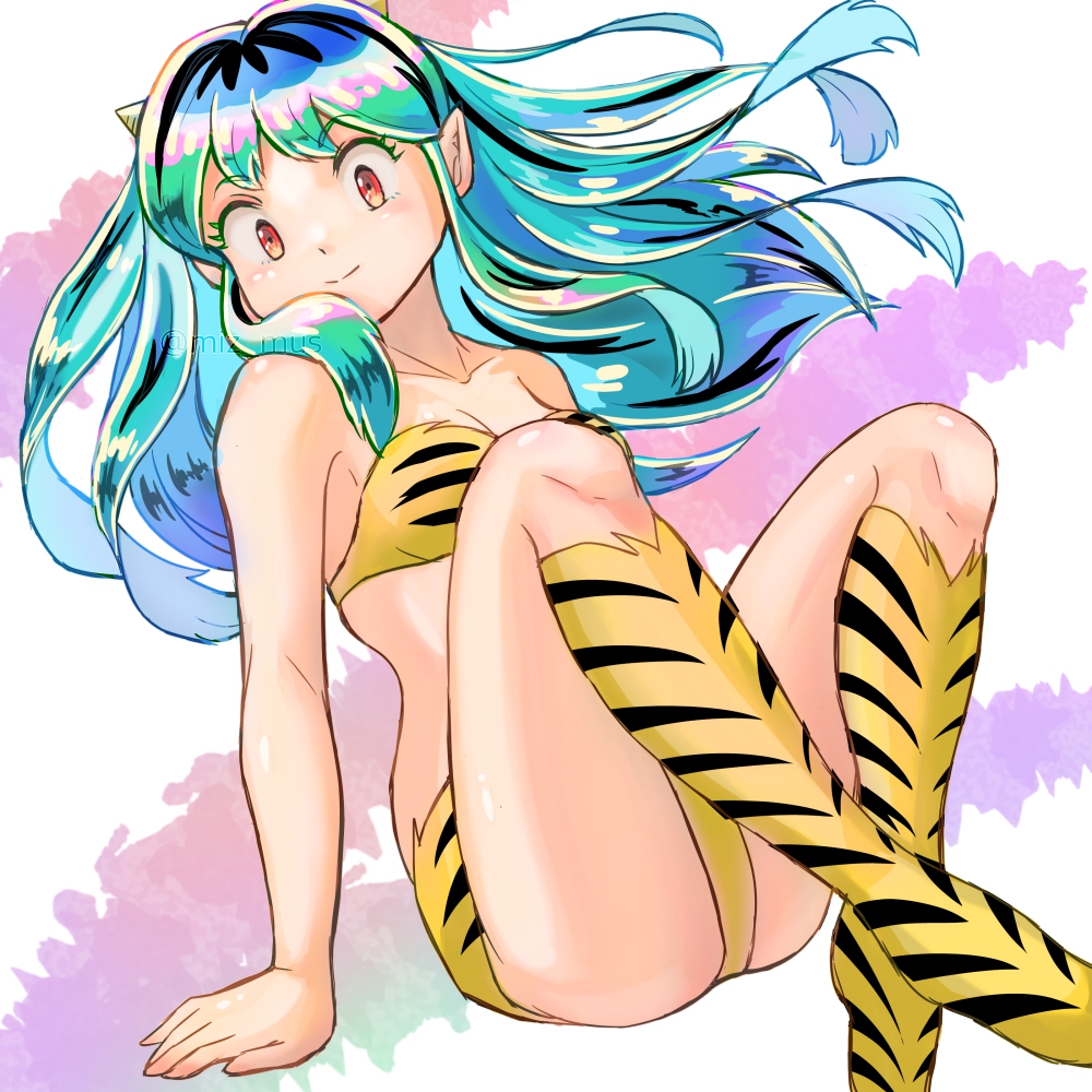 1girl, animal_print, aqua_hair, bikini, boots, collarbone, cone_horns, eyelashes, full_body, hashtag-only_commentary, horns, knee_boots, long_hair, looking_at_viewer, lum, miz_mus, orange_eyes, pointy_ears, print_bikini, print_boots, smile, solo, swimsuit, tiger_print, urusei_yatsura