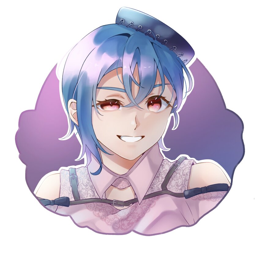 1girl, absurdres, aspire_(love_live!), belt_buckle, black_hat, blue_hair, buckle, chest_harness, clenched_teeth, collared_shirt, commentary_request, crossed_bangs, harness, hat, highres, looking_at_viewer, love_live!, love_live!_superstar!!, official_alternate_costume, pink_eyes, shirt, smile, solo, teeth, upper_body, wakana_shiki, wotaku_jinsei_enjoy_ikioi