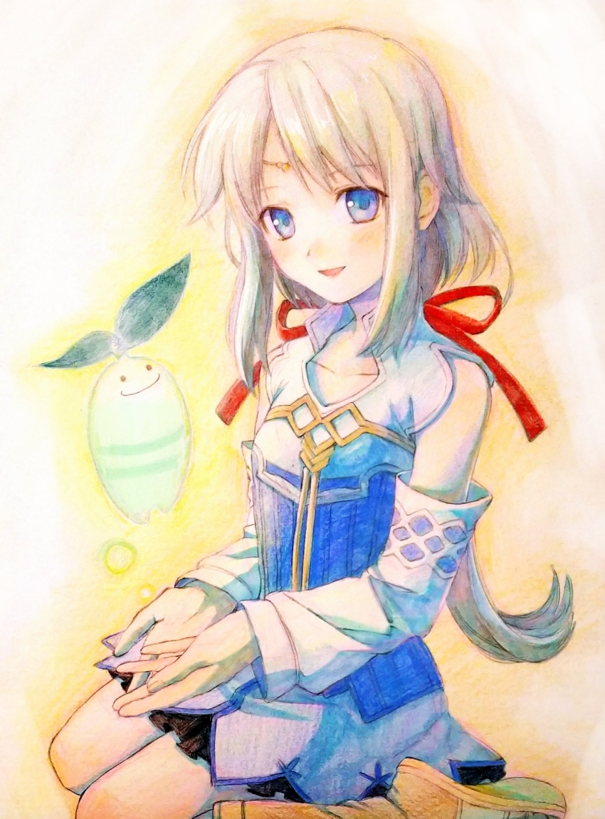 1girl, :d, bare_shoulders, blue_dress, blue_eyes, collarbone, dress, full_body, highres, low_ponytail, mist_(rune_factory), off_shoulder, open_mouth, pale_skin, ponytail, rune_factory, rune_factory_frontier, runey, smile, solo, tanusaku, white_hair