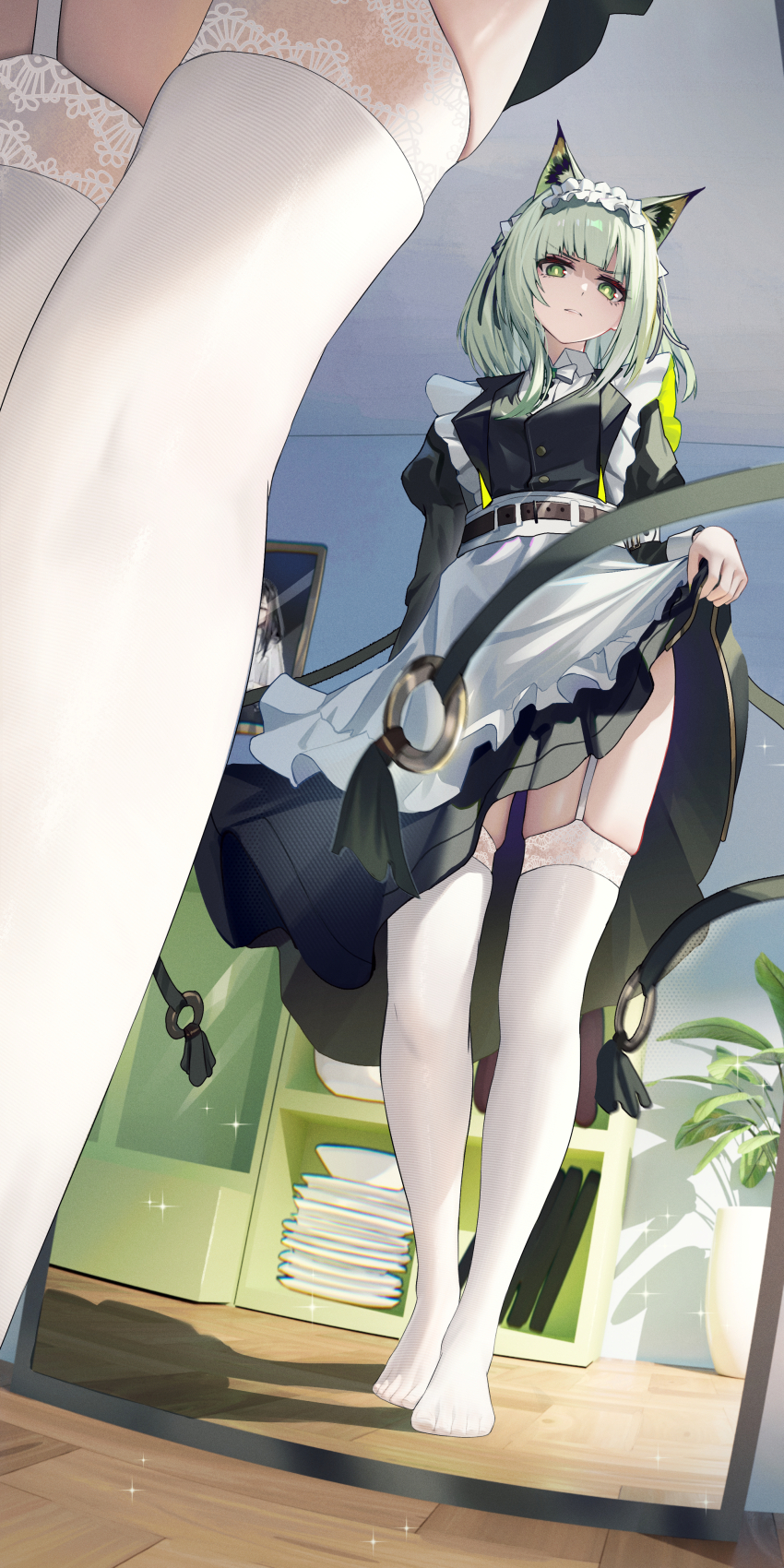 1girl, absurdres, animal_ear_fluff, animal_ears, apron, arknights, black_dress, dress, frilled_hairband, frills, full-length_mirror, garter_straps, green_eyes, green_hair, hairband, highres, holding_own_dress, holding_own_skirt, indoors, kal'tsit_(arknights), kal'tsit_(the_remains_of_time)_(arknights), long_hair, mirror, no_shoes, reflection, solo, standing, thighhighs, white_apron, white_thighhighs, wooden_floor, zayur