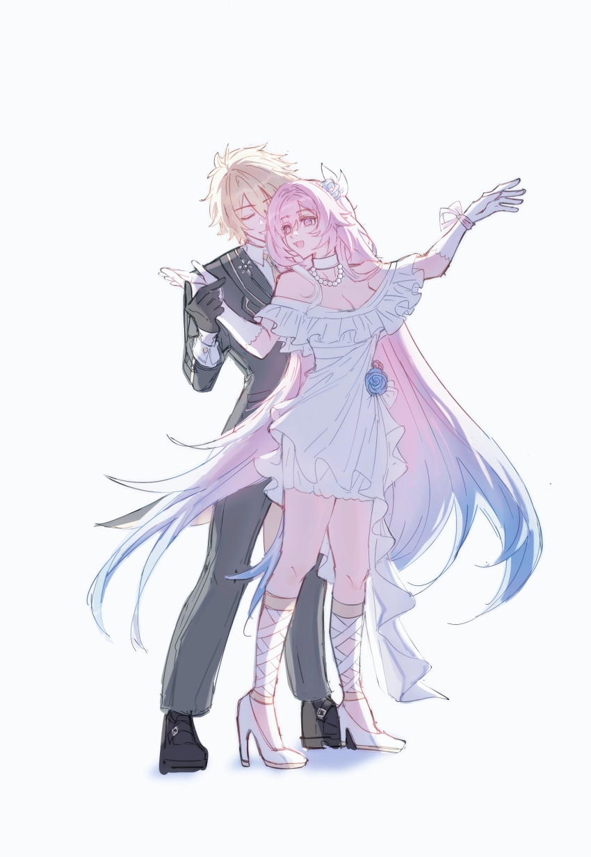 1boy, 1girl, absurdres, alternate_costume, bare_shoulders, blacies, black_shoes, blonde_hair