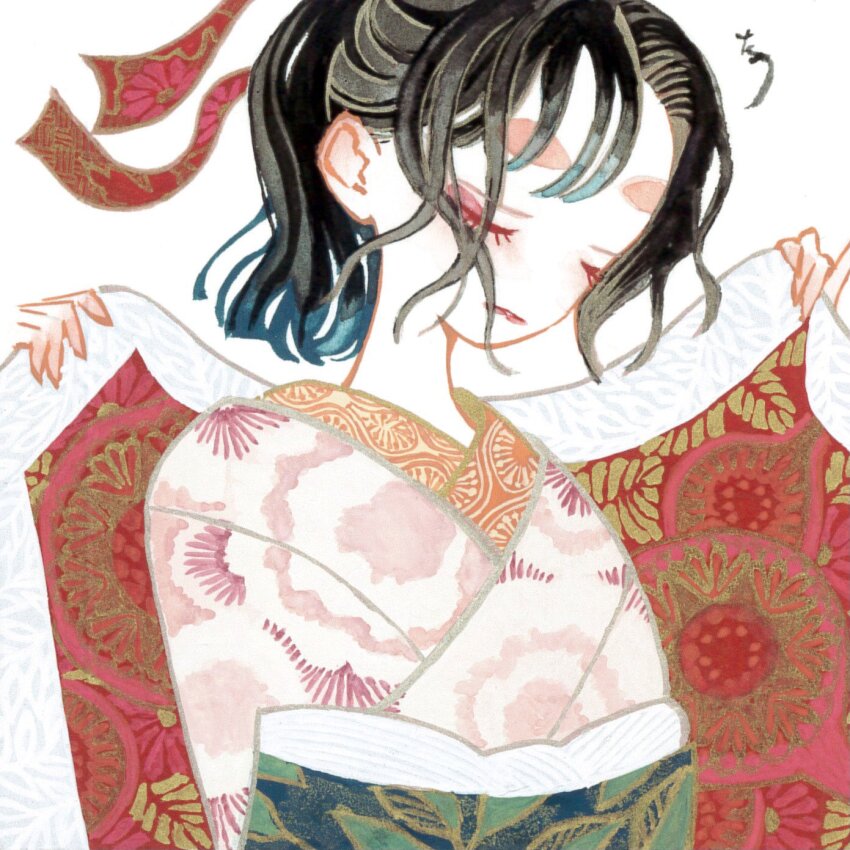 1girl, black_hair, blunt_bangs, closed_eyes, colored_skin, dressing, eyelashes, eyeliner, floral_print, flower, hair_ribbon, haori_himo, highres, hikimayu, japanese_clothes, kimono, layered_kimono, long_hair, makeup, obi, original, ponytail, print_kimono, red_eyeliner, red_ribbon, ribbon, sash, shiguretau, sidelocks, signature, solo, standing, white_skin, wide_sleeves