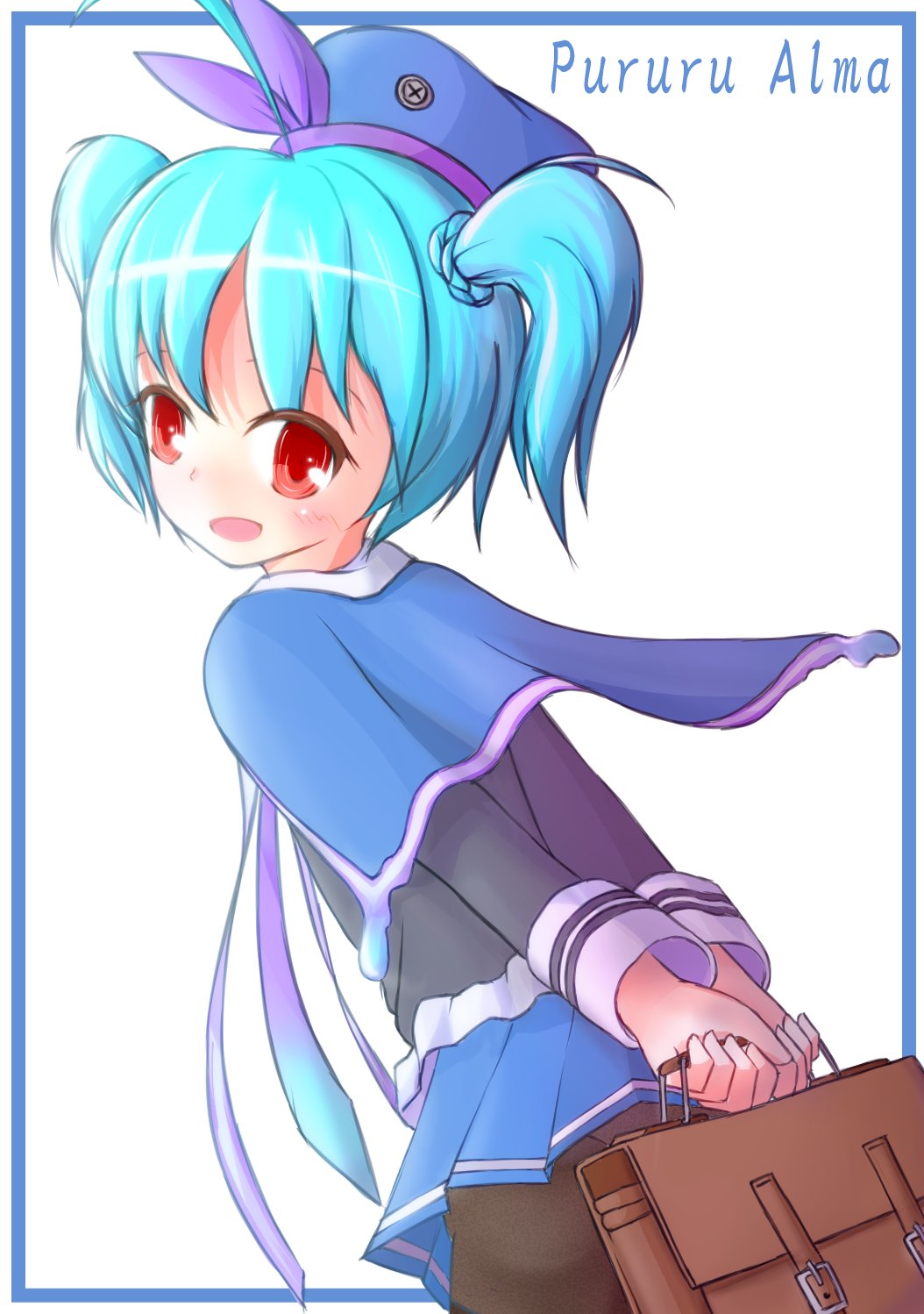 1girl, bag, black_pantyhose, black_shirt, blue_capelet, blue_hair, blue_hat, blue_skirt