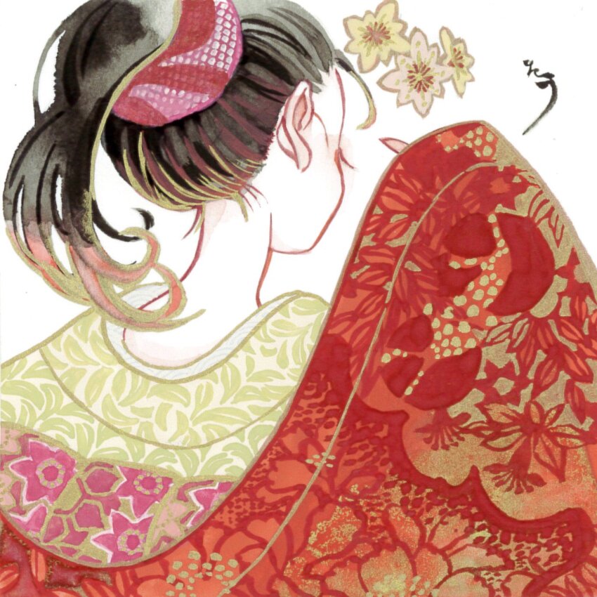 1girl, black_hair, closed_eyes, colored_skin, dressing, eyelashes, flower, from_behind