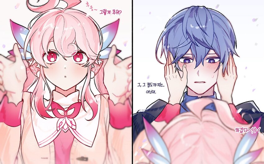 1boy, 1girl, :o, ahoge, blush, commentary_request, dress, elsword