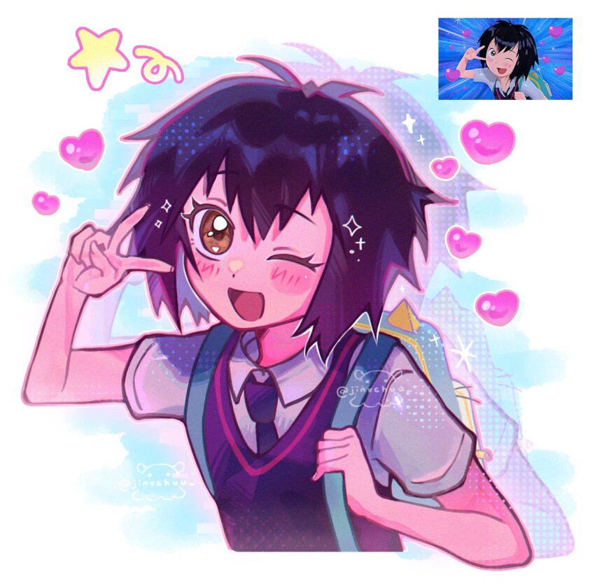 1girl, antenna_hair, artist_logo, artist_name, backpack, bag, black_hair, black_necktie, black_vest, blue_bag, blush, brown_eyes, child, collared_shirt, colored_inner_hair, commentary, derivative_work, english_commentary, fingernails, hand_up, heart, highres, jinxchuu, logo, looking_at_viewer, marvel, multicolored_hair, necktie, one_eye_closed, open_mouth, peni_parker, purple_hair, school_uniform, screenshot_redraw, shadow, shirt, short_hair, short_sleeves, simple_background, smile, solo, sparkle, spider-man:_into_the_spider-verse, spider-man_(series), spider-verse, star_(symbol), upper_body, v, vest, white_background, white_shirt, zoom_layer