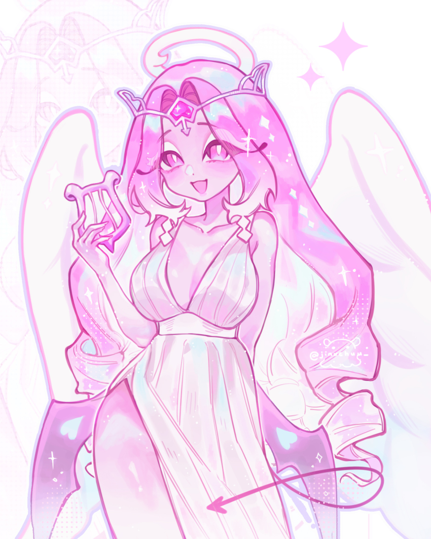 1girl, ancient_greek_clothes, angel_wings, artist_logo, artist_name, bare_shoulders, blush, breasts, bright_pupils, chiton, circlet, collarbone, colored_skin, commentary, cookie_run, cookie_run:_kingdom, cowboy_shot, demon_tail, demon_wings, dress, drill_hair, english_commentary, eternal_sugar_cookie, eyelashes, gem, gradient_hair, greco-roman_clothes, halo, hand_up, heart-shaped_gem, highres, holding, holding_instrument, holding_lyre, humanization, instrument, jinxchuu, large_breasts, logo, long_hair, looking_at_viewer, low_wings, lyre, multicolored_hair, multiple_wings, open_mouth, pink_eyes, pink_gem, pink_hair, pink_halo, pink_skin, sidelocks, simple_background, sleeveless, sleeveless_dress, smile, solo, sparkle, standing, tail, white_background, white_dress, white_eyeshadow, white_hair, white_pupils, wings, zoom_layer