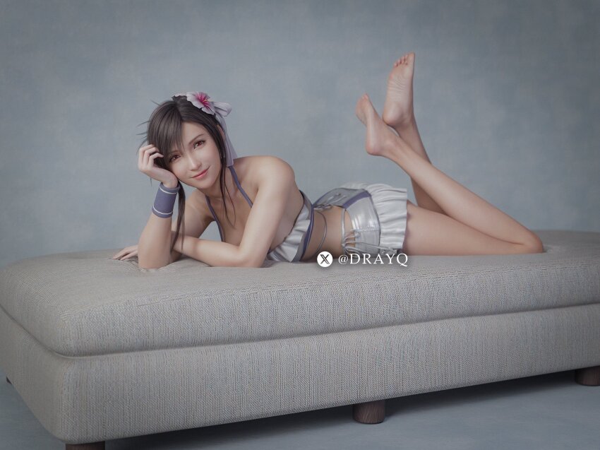 1girl, 3d, artist_name, barefoot, bikini, black_hair, breasts, closed_mouth, costa_del_sol, couch, drayqin, feet, feet_up, final_fantasy, final_fantasy_vii, final_fantasy_vii_rebirth, final_fantasy_vii_remake, flower, frilled_bikini, frills, full_body, hair_flower, hair_ornament, highres, indoors, large_breasts, legs, looking_at_viewer, lying, on_couch, on_stomach, sidelocks, smile, soles, solo, swimsuit, the_pose, tifa_lockhart, tifa_lockhart_(shining_spirit), toes, twitter_username, white_bikini