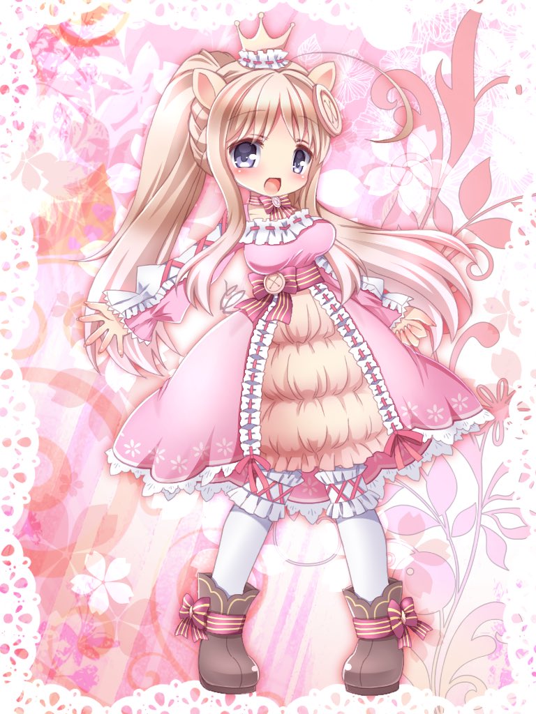 1girl, ahoge, balloonpig_alma, blonde_hair, boots, breasts, brown_boots, button_hair_ornament