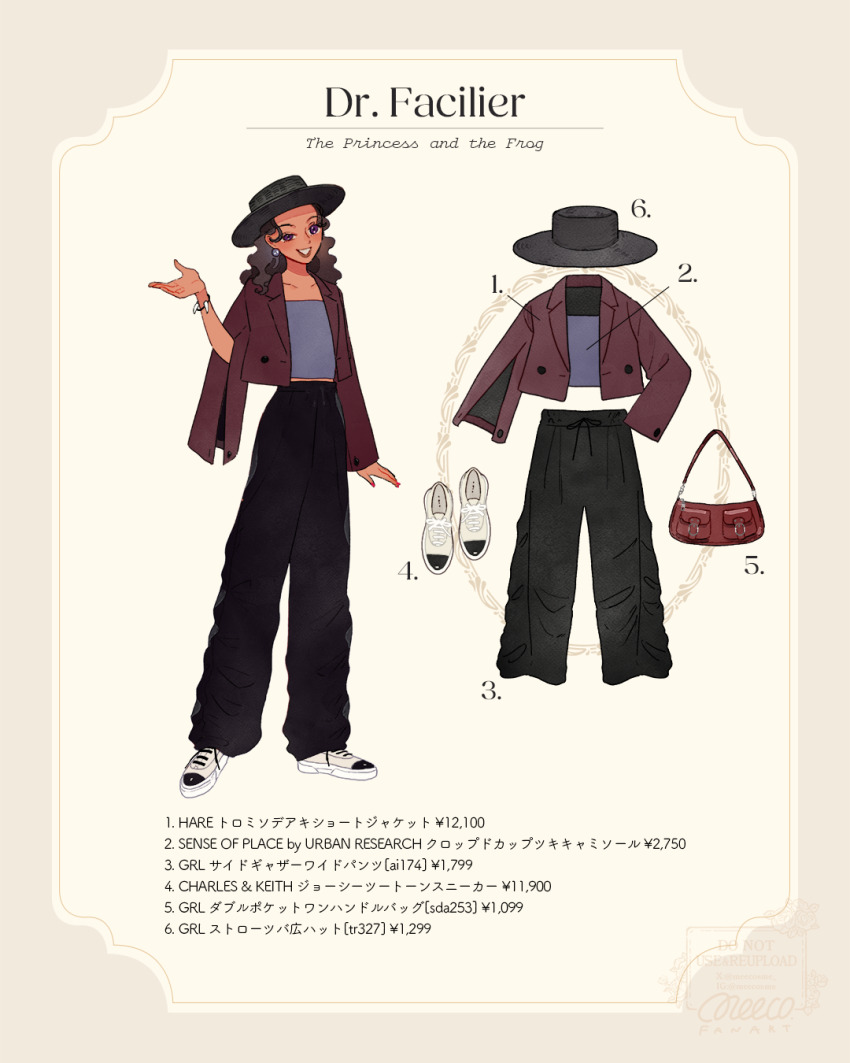 1girl, black_hair, commentary_request, contemporary, curly_hair, dark_skin, dr._facilier, genderswap