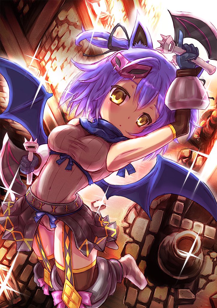 animal_ears, arm_up, armpits, bat_ears, bat_girl, bat_wings, black_bow, black_skirt, black_thighhighs, blue_gloves, blue_hair, blue_scarf, blue_wings, bow, breasts, covered_navel, delucky_alma, dungeon, emil_chronicle_online, flying, garter_straps, gloves, grey_leotard, hair_bow, holding, holding_weapon, large_breasts, leotard, mask, mask_on_head, os_aod, pleated_skirt, scarf, skirt, striped_clothes, striped_leotard, thighhighs, two_side_up, weapon, wings, yellow_eyes