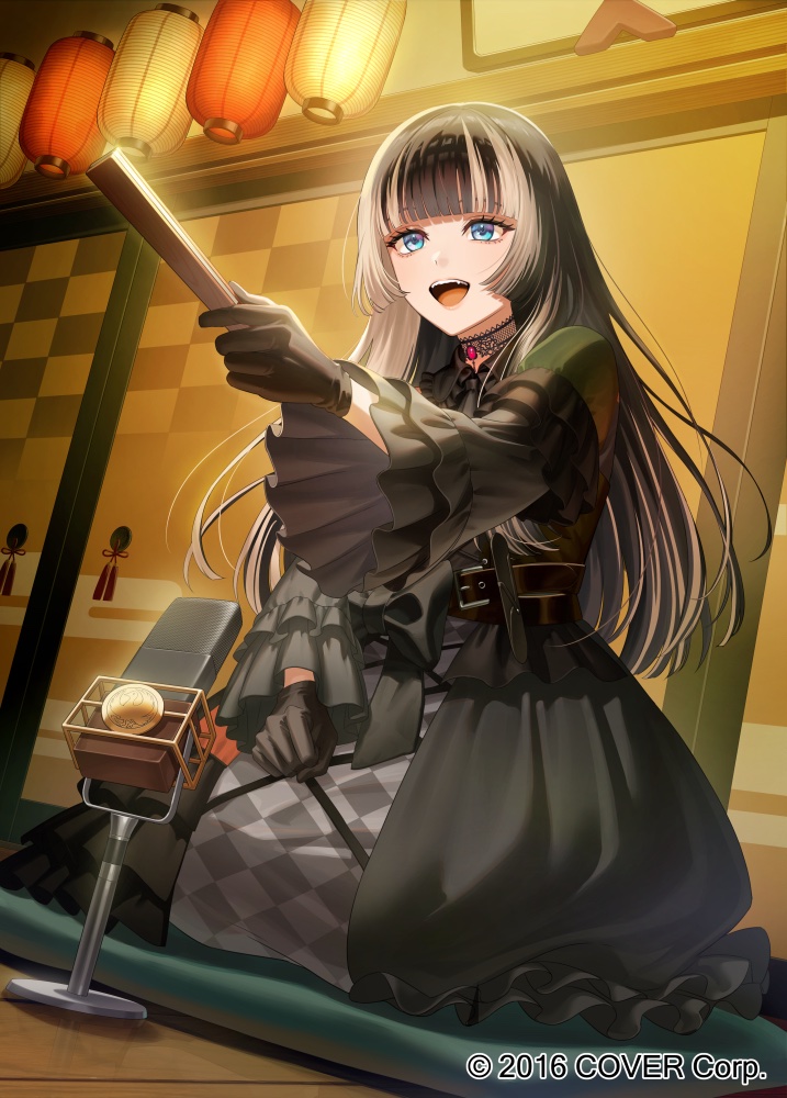 :d, black_choker, black_dress, black_gloves, black_hair, blue_eyes, blunt_bangs, brooch, choker, commentary_request, copyright_notice, cross-laced_clothes, cross-laced_dress, dress, folded_fan, folding_fan, frilled_dress, frills, full_body, gloves, gothic_lolita, grey_hair, hand_fan, hime_cut, holding, holding_fan, hololive, hololive_dev_is, indoors, jewelry, juufuutei_raden, juufuutei_raden_(1st_costume), lace, lace_choker, lolita_fashion, long_hair, long_sleeves, microphone, mimizubare, multicolored_hair, official_art, open_mouth, rakugo, seiza, sitting, smile, straight_hair, streaked_hair, teeth, two-tone_hair, upper_teeth_only, virtual_youtuber