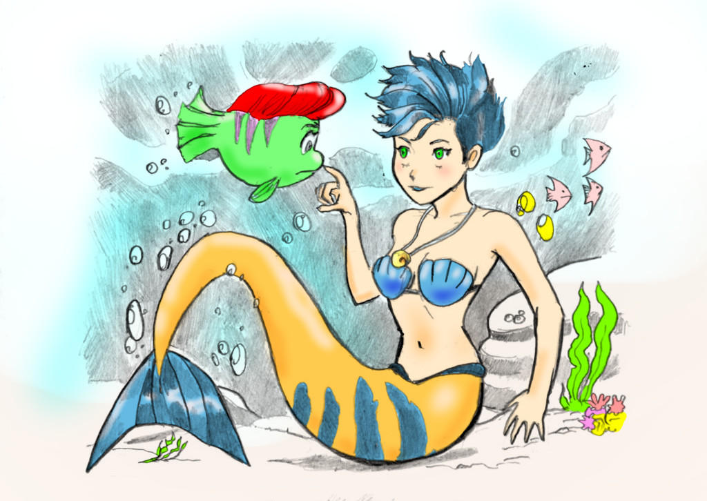 1boy, 1girl, animal, ariel_(disney), arm_support, bikini, blue_bikini, blue_eyes