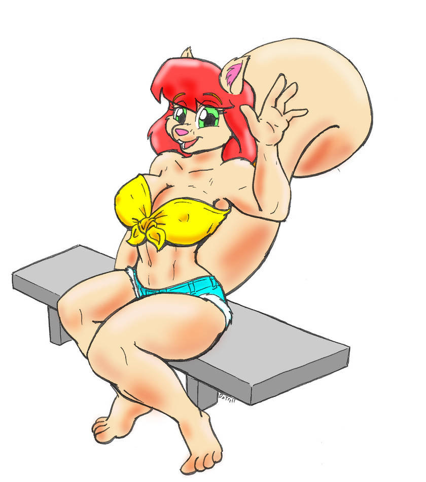 1girl, :3, animal, animal_ears, barefoot, blue_shorts, breasts, brown_fur