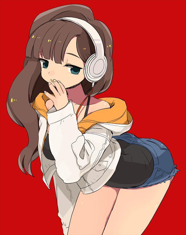 10s, 1girl, arakune_(sacred_seven), bad_id, bad_pixiv_id, blue_eyes, brown_hair, cutoffs, dadami, denim, denim_shorts, female_focus, headphones, jacket, long_hair, off_shoulder, sacred_seven, short_shorts, shorts, simple_background, solo, sp_(sacred_seven), tank_top, wavy_hair