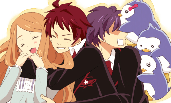 1girl, 2boys, :d, adoptive_siblings, arms_around_neck, arms_around_another's_waist, bird, blazer