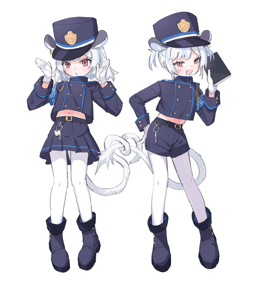 2girls, absurdres, animal_ears, ankle_boots, belt, black_belt, black_jacket, black_shorts