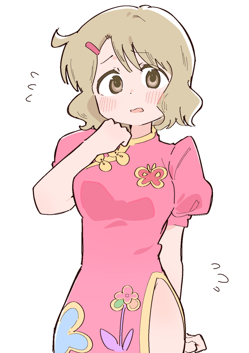 1girl, alternate_costume, blonde_hair, blush, breasts, brown_eyes, china_dress, chinese_clothes