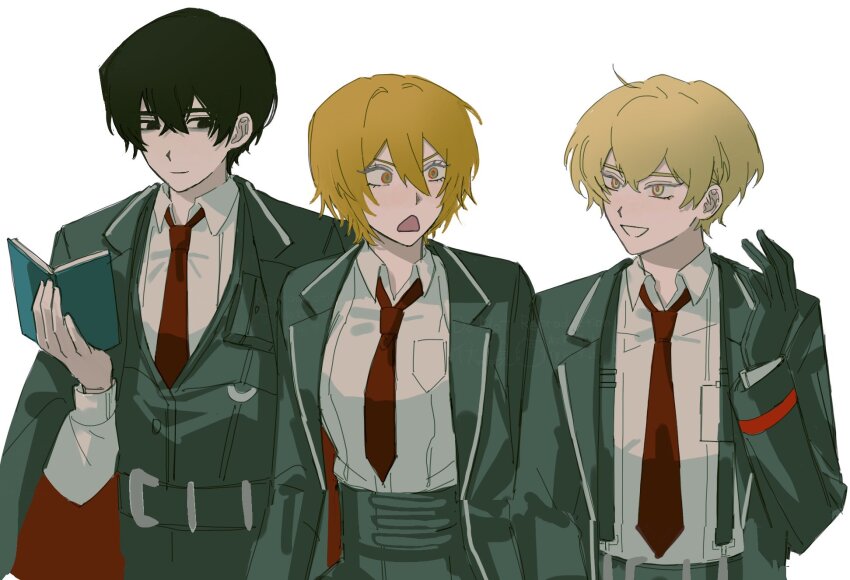 1girl, 2boys, belt, black_belt, black_eyes, black_gloves, black_hair, black_jacket