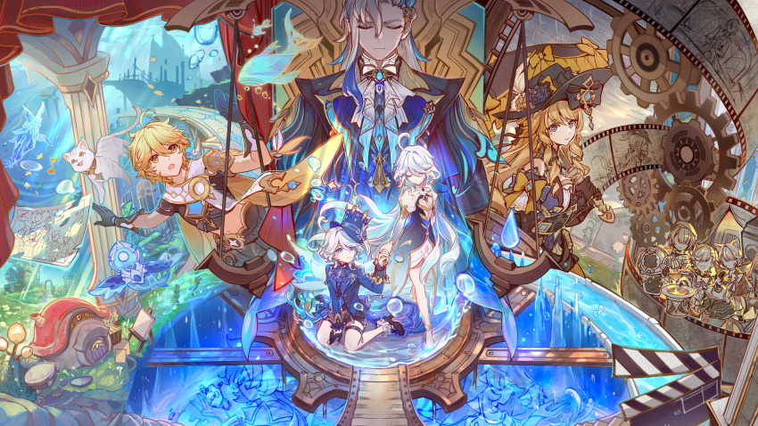 2boys, 6+girls, absurdres, aether_(genshin_impact), ahoge, air_bubble, alain_guillotin, animal_ears