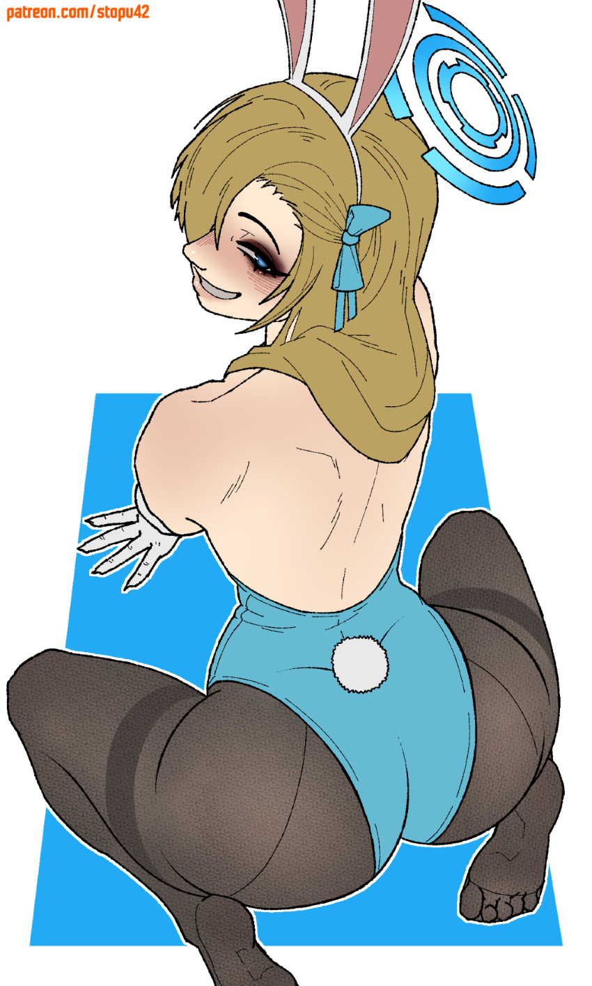 1girl, all_fours, animal_ear_hairband, animal_ears, ass, asuna_(blue_archive), asuna_(bunny)_(blue_archive), bare_back