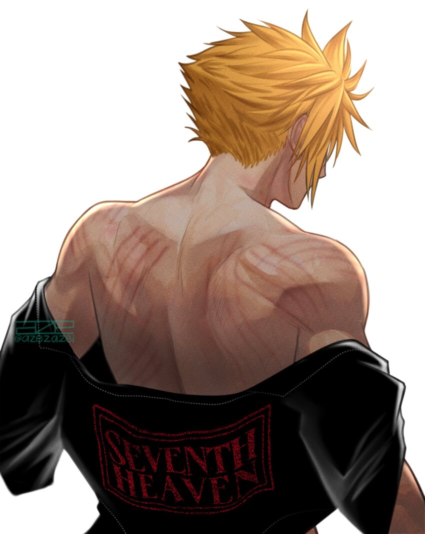 1boy, absurdres, azezazel, back, bare_shoulders, black_jacket, blonde_hair, cloud_strife