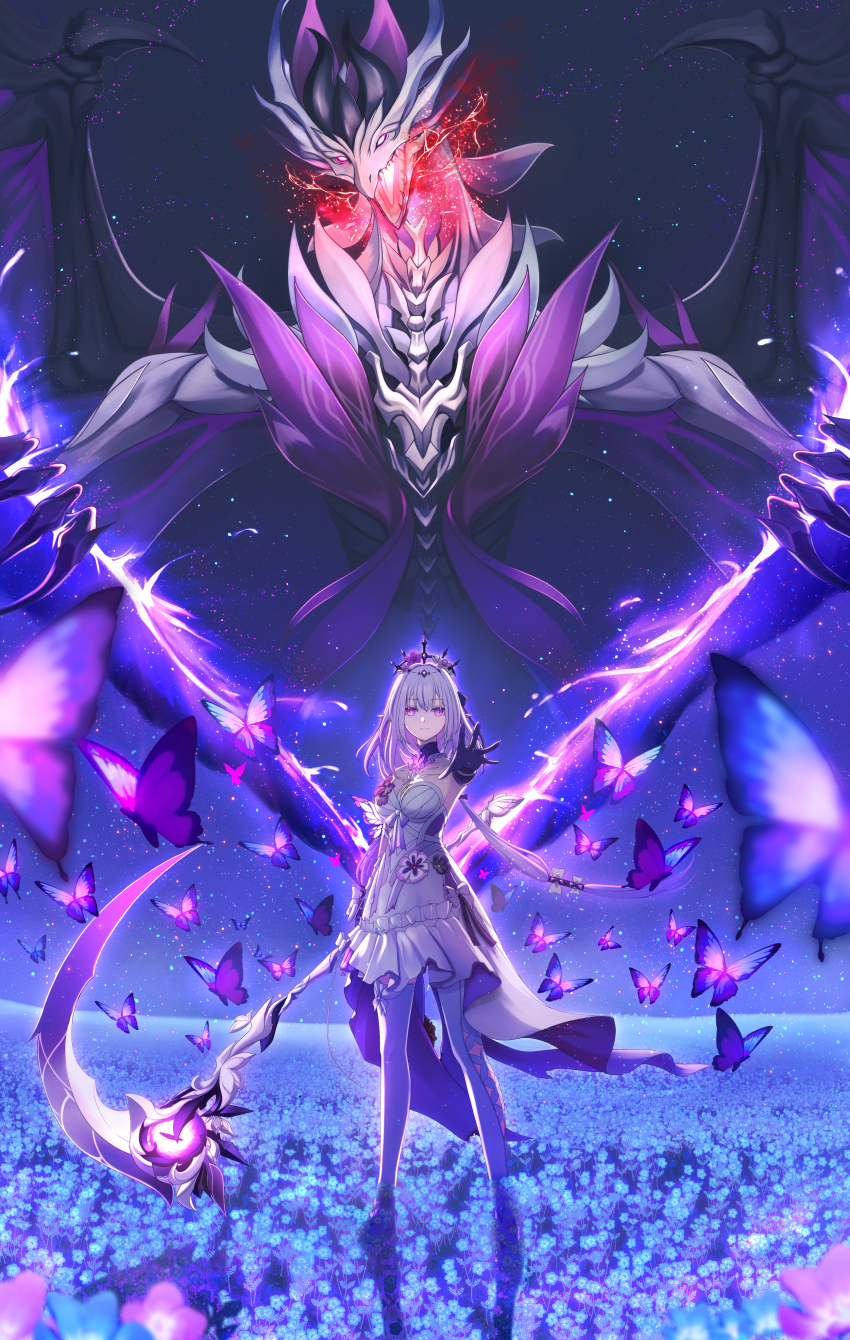 1girl, absurdres, black_tiara, bow, breasts, breath_weapon, bug, butterfly