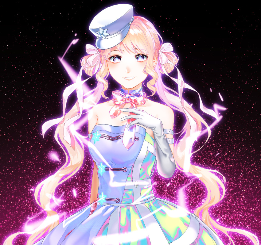 1girl, absurdres, bare_shoulders, black_background, blue_collar, blue_dress, blue_pupils, bow