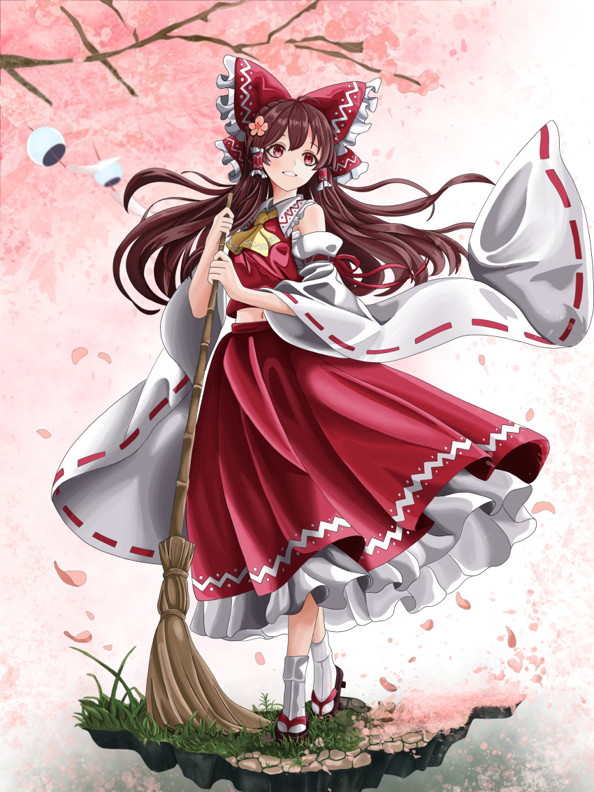 1girl, absurdres, ascot, bamboo_broom, bow, broom, brown_hair, brown_sandals