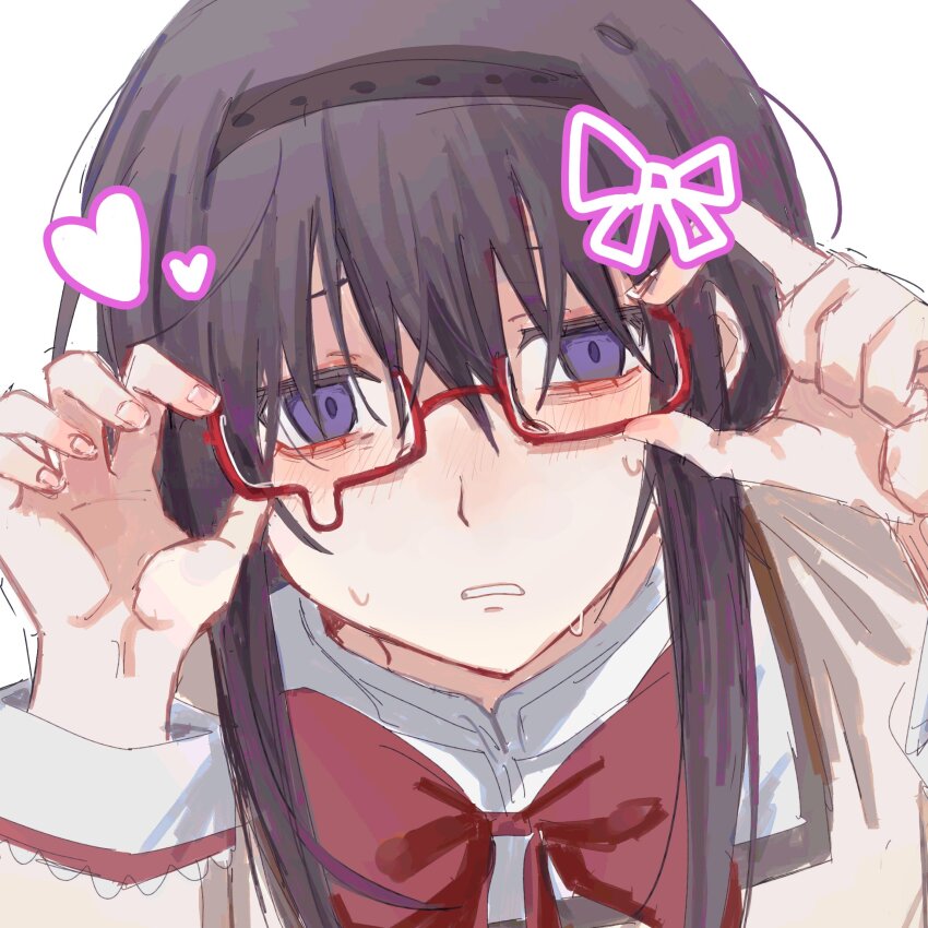 1girl, aayoii_00, adjusting_eyewear, akemi_homura, bags_under_eyes, black_hair, bow, bowtie