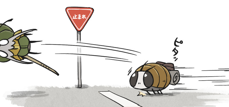 1boy, antennae, armor, arthropod_boy, bug, facial_hair, fuifui, garmond_(hollow_knight), hollow_knight, hollow_knight:_silksong, long_mustache, male_focus, mustache, road_sign, sign, stop_sign, translated, weapon, zaza_(hollow_knight)