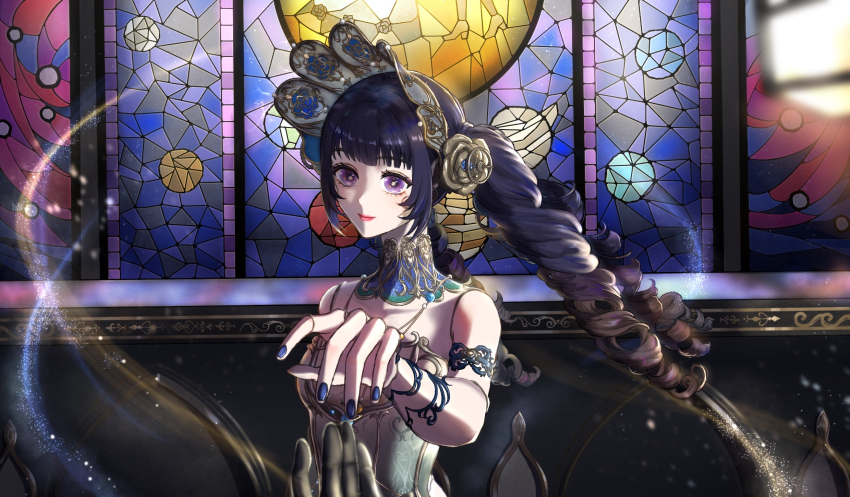 1girl, armband, bare_shoulders, black_armband, black_hair, blackcat_and_cosmic_poem_(shining_nikki), blue_collar, blue_nails