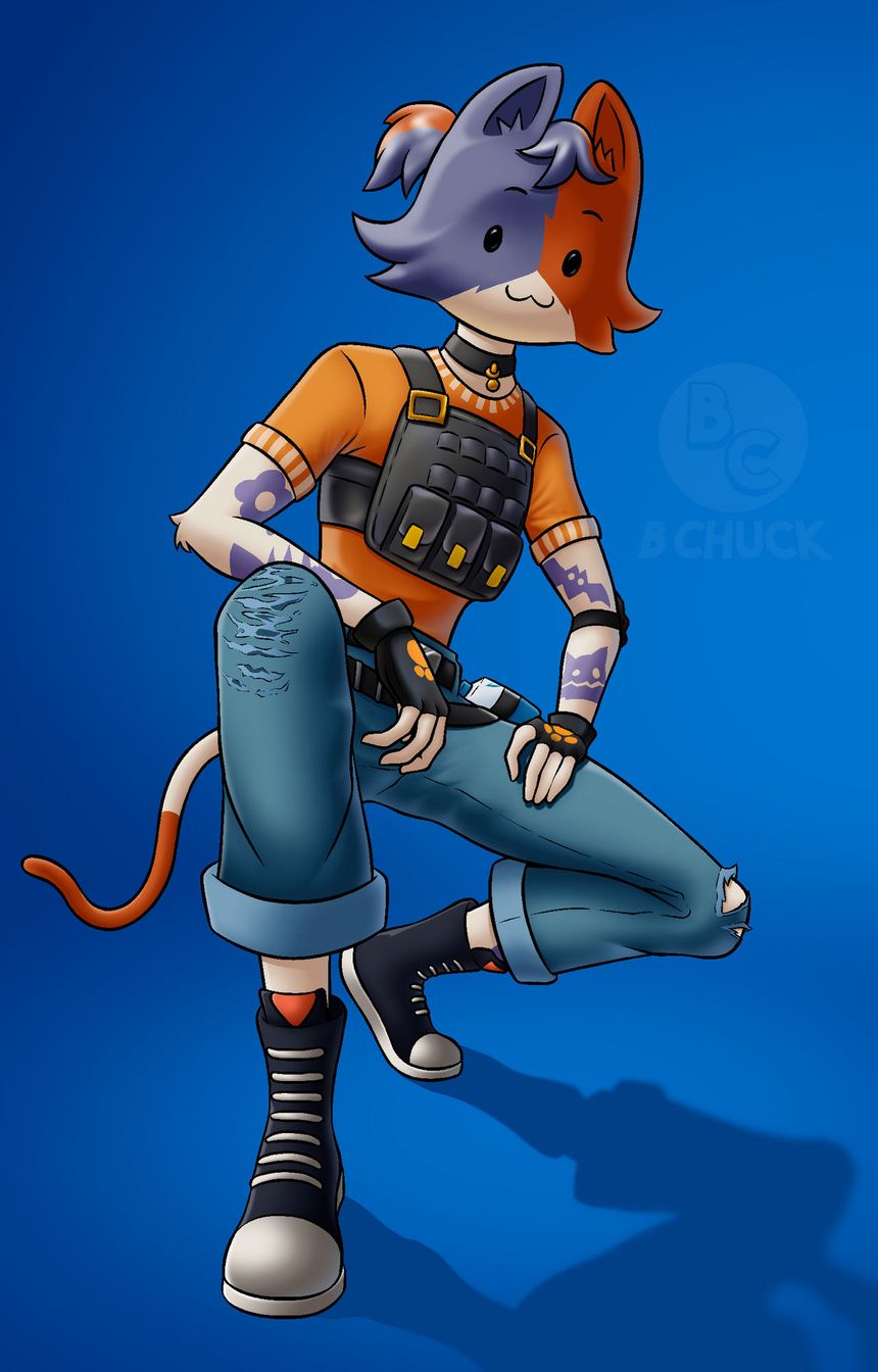 :3, bchuck1, black_shoes, black_vest, cate_meowdy, cate_meowdy_(fortnite), denim, fortnite, furry, highres, jeans, non-web_source, orange_shirt, pants, shirt, shoes, tail, two-tone_fur, vest