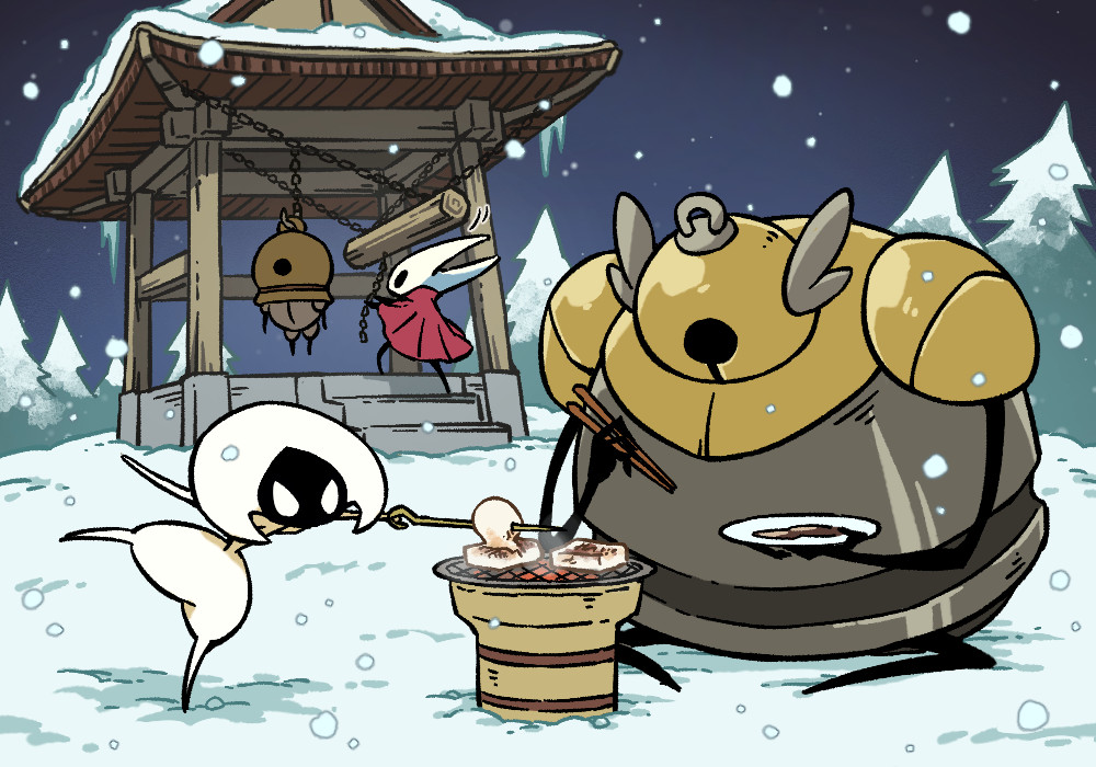 2girls, 2others, armor, arthropod_girl, ballow_(hollow_knight), bell, chain, chopsticks, cloak, cooking, food, forge_daughter_(hollow_knight), fuifui, holding, holding_chopsticks, holding_plate, holding_weapon, hollow_eyes, hollow_knight, hollow_knight:_silksong, horned_mask, hornet_(hollow_knight), joya_no_kane, lace_(hollow_knight), mask, mochi, multiple_girls, multiple_others, outdoors, pin_(hollow_knight), plate, red_cloak, sitting, snow, snowing, weapon, white_mask