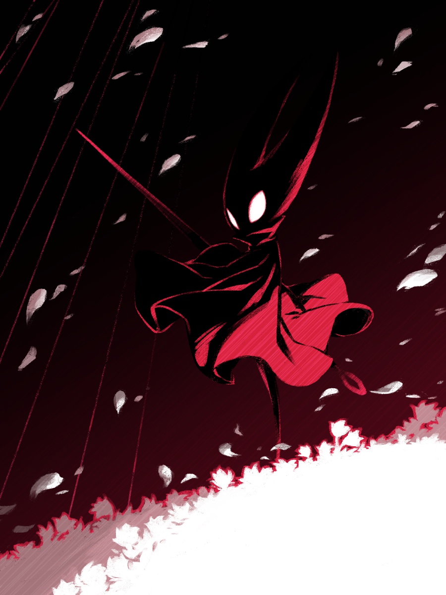 1girl, arthropod_girl, cloak, falling_petals, flower, fuifui, highres, holding, holding_weapon, hollow_knight, hollow_knight:_silksong, horned_mask, hornet_(hollow_knight), looking_at_viewer, mask, monochrome, needle_(hollow_knight), petals, red_cloak, red_theme, solo, weapon, white_flower, white_petals