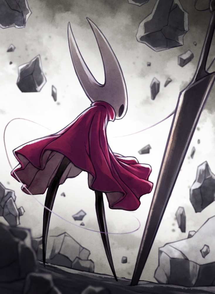 1girl, arthropod_girl, cloak, debris, fuifui, hollow_eyes, hollow_knight, hollow_knight:_silksong