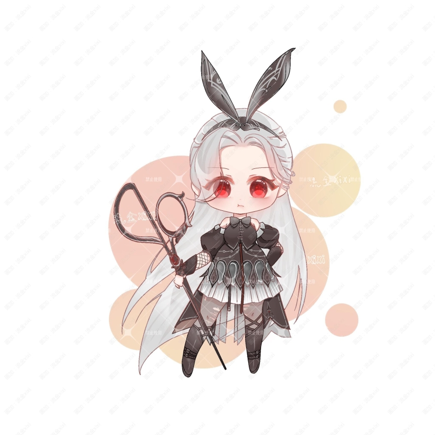 1girl, :t, aderinna_(infinity_nikki), annoyed, belt, belt_buckle, black_belt, black_boots, black_bow, black_bowtie, black_gloves, black_hairband, black_shirt, black_skirt, black_sleeves, boots, bow, bow_hairband, bowtie, bubble, buckle, chibi, chinese_commentary, closed_mouth, coattails, commentary_request, detached_sleeves, dot_nose, eyelashes, eyes_visible_through_hair, fingerless_gloves, fishnet_sleeves, fishnets, frilled_skirt, frills, gloves, gradient_clothes, gradient_skirt, grey_hair, grey_pantyhose, grey_skirt, hair_over_one_eye, hairband, hand_on_own_hip, highres, holding, holding_scissors, infinity_nikki, knee_boots, knees, layered_sleeves, light_blush, long_hair, long_sleeves, looking_at_viewer, miniskirt, nikki_(series), oversized_object, pantyhose, pleated_skirt, pout, procreate_(medium), puffy_short_sleeves, puffy_sleeves, qingmuxianye, red_eyes, sample_watermark, scissors, see-through_pantyhose, shirt, shoe_belt, short_over_long_sleeves, short_sleeves, skirt, skirt_set, sleeveless, sleeveless_shirt, solo, standing, straight-on, straight_hair, striped_clothes, striped_skirt, tailcoat, tareme, vertical-striped_clothes, vertical-striped_skirt, very_long_hair, watermark, watermark_grid, weapon, white_background