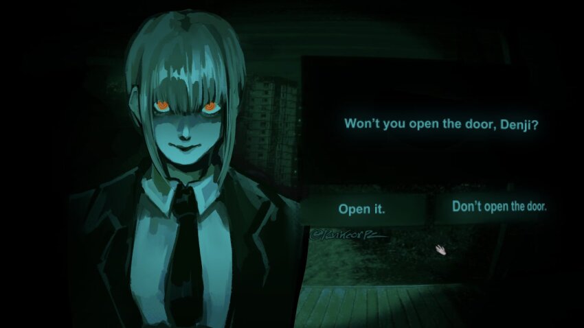 1girl, chainsaw_man, closed_mouth, coat, collared_shirt, cursor, english_text, green_theme