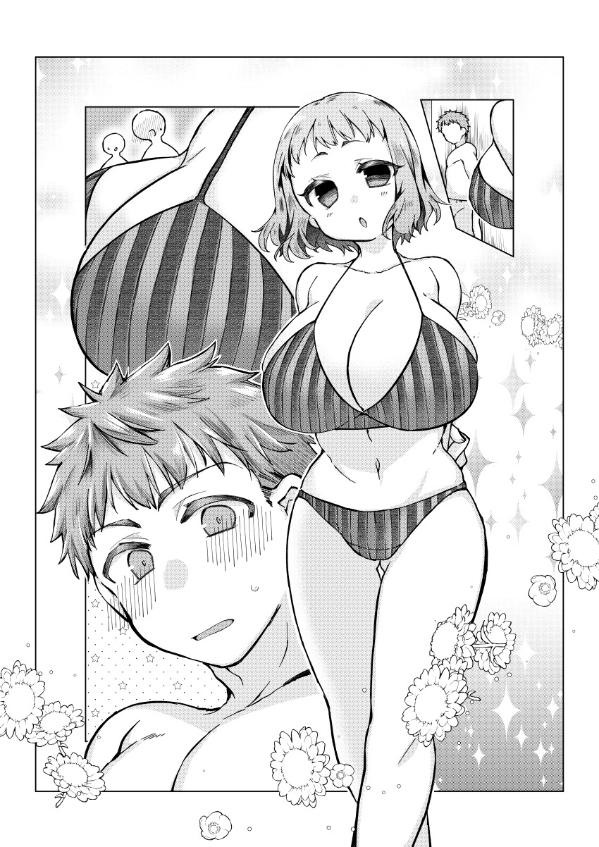 1boy, 1girl, 2323astronomy, absurdres, bikini, blush, breasts, cleavage