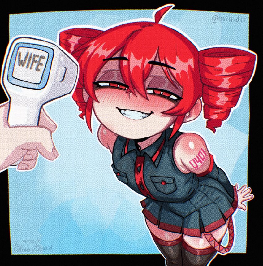 1girl, ahoge, black_thighhighs, cat_detector_(meme), commentary, detached_sleeves, drill_hair, english_commentary, grin, half-closed_eyes, highres, infrared_thermometer, kasane_teto, leaning_forward, meme, miniskirt, naughty_face, osidid, pleated_skirt, red_eyes, red_hair, shoulder_tattoo, skirt, smile, tattoo, thighhighs, twin_drills, twitter_username, utau, zettai_ryouiki