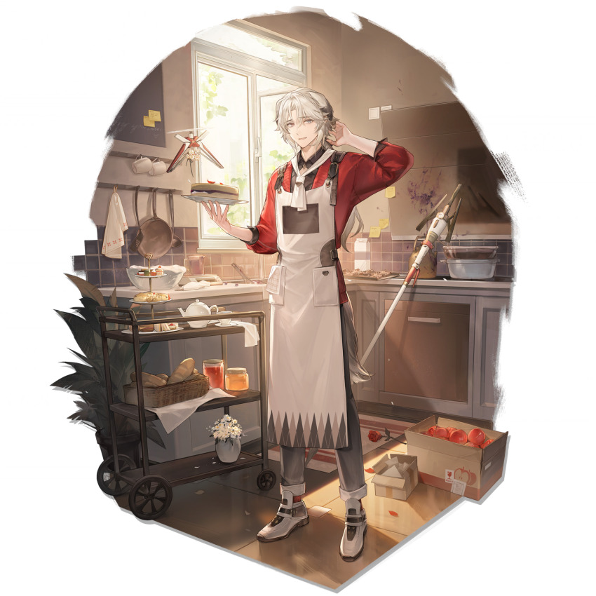 1boy, animal_ears, apple, apron, arknights, arm_behind_head, basket, black_pants