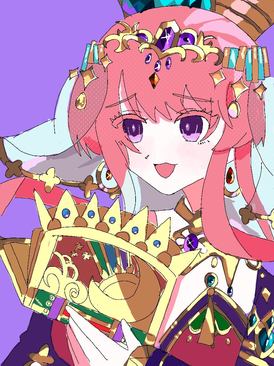 1girl, arabian_clothes, book, breasts, grimms_notes, highres, holding, holding_book, long_hair, ooatarikun, open_mouth, pink_hair, ponytail, purple_eyes, shadow_morgiana_(grimms_notes), smile, solo